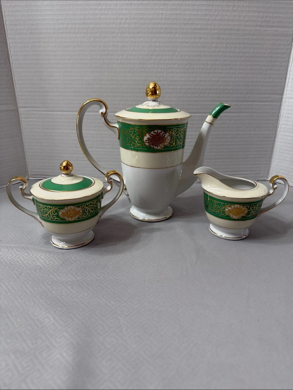 Vintage Albion China Porcelain Coffee/Tea 3 Pc Service Emerald Green Gold Japan